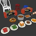 Assorted Grilled Skewers With Barbecue Grill Fresh Vegetables And Fried Snacks On Red Table
