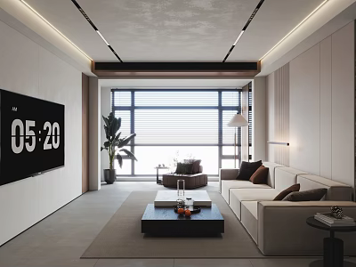 Modern Living Room Interior Featuring Large Screen TV Beige Sofa And Floor to Ceiling Windows 3d model