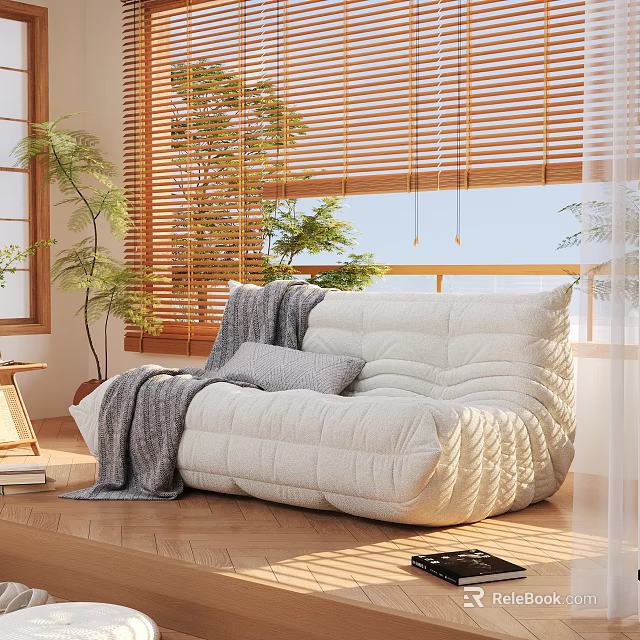 Cozy White Lazy Sofa With Quilted Design In Bright Room With Wooden Blinds And Plants 3d model 