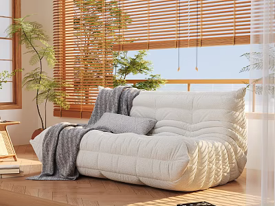 Cozy White Lazy Sofa With Quilted Design In Bright Room With Wooden Blinds And Plants 3d model