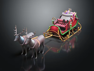 Christmas Themed Amusement Sleigh Ride With Two Reindeer And Red Decorations 3d model