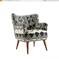 Stylish Single Sofa With Black And White Geometric Pattern And Wooden Legs