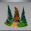Charming Forest Cabin With Red Roof Log Decor Smoking Chimney And Two Tall Pine Trees
