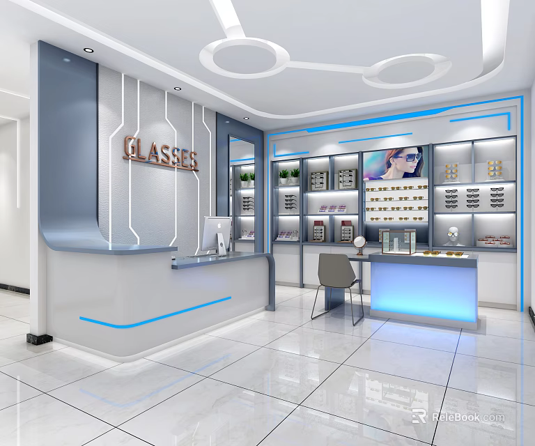 Modern Skincare Specialty Store Interior With Blue Accents Display Shelves And Product Counter 3d model 