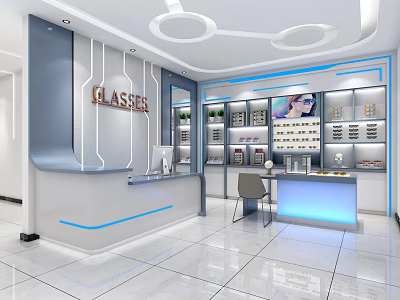 Modern Skincare Specialty Store Interior With Blue Accents Display Shelves And Product Counter 3d model