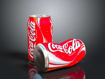 Red Coca Cola Cans Standing And Lying With Silver Rims On Reflective Surface 3d model
