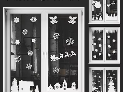 Casement Windows with Festive Winter Snowflake Star Sleigh and Tree Decorations 3d model