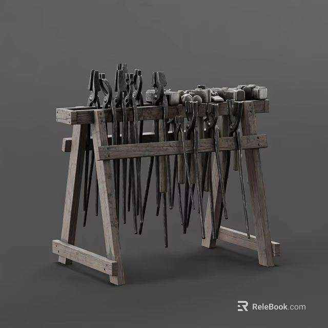 Wooden Tool Rack With Hanging Pliers Wrenches And Workshop Tools 3d model