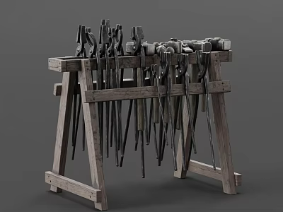 Wooden Tool Rack With Hanging Pliers Wrenches And Workshop Tools 3d model