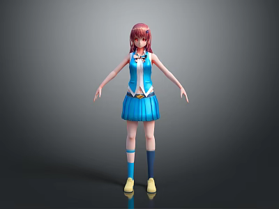 3D Anime Female Character With Red Hair Blue Outfit White Socks And Yellow Shoes 3d model