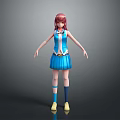 3D Anime Female Character With Red Hair Blue Outfit White Socks And Yellow Shoes
