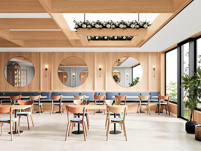 Bright Restaurant Interior With Wooden Walls Round Mirrors Tables Chairs And Greenery 3d model