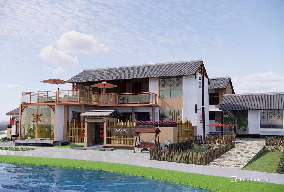 Traditional Modern Boutique Guesthouse With Gray Tiled Roof White Walls And Swimming Pool 3d model 