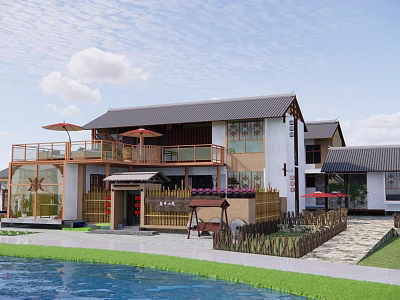 Traditional Modern Boutique Guesthouse With Gray Tiled Roof White Walls And Swimming Pool 3d model