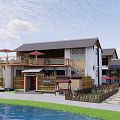 Traditional Modern Boutique Guesthouse With Gray Tiled Roof White Walls And Swimming Pool