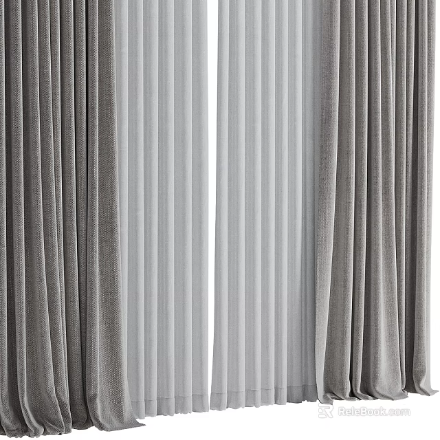 Modern Gray And White Double Layer Curtains With Striped Sheer Panels Design 3d model 