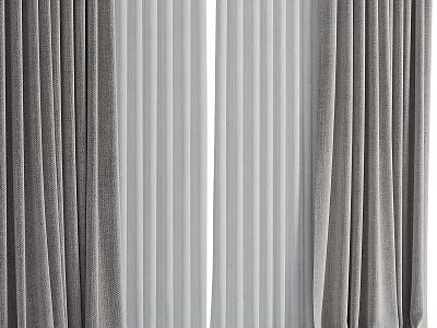 Modern Gray And White Double Layer Curtains With Striped Sheer Panels Design 3d model