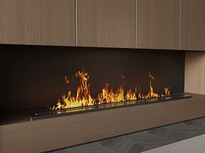 Modern Linear Fireplace With Burning Flames And Wooden Cabinets In Sleek Interior 3d model