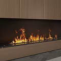 Modern Linear Fireplace With Burning Flames And Wooden Cabinets In Sleek Interior