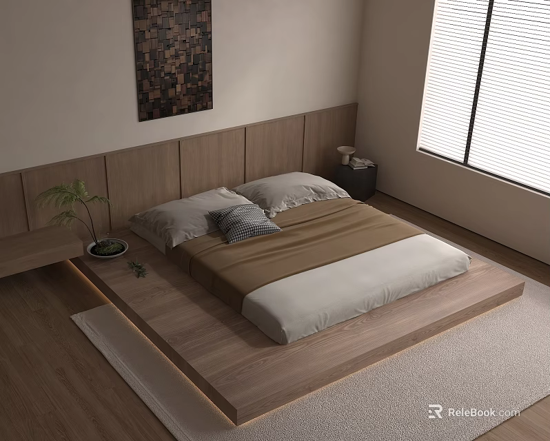 Modern Double Platform Bed in Bedroom with Wooden Headboard Brown White Bedding and Potted Plant 3d model 