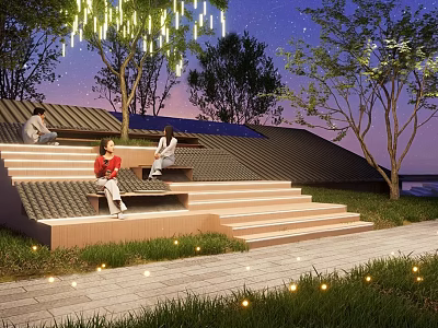 Relaxing Rooftop Garden With People Sitting On Steps Trees And Illuminated Night Sky 3d model
