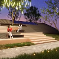 Relaxing Rooftop Garden With People Sitting On Steps Trees And Illuminated Night Sky