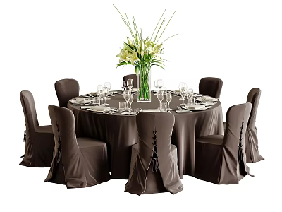 Round Dining Table Set with Brown Chairs Tablecloth Vase Flowers Tableware and Wine Glasses 3d model