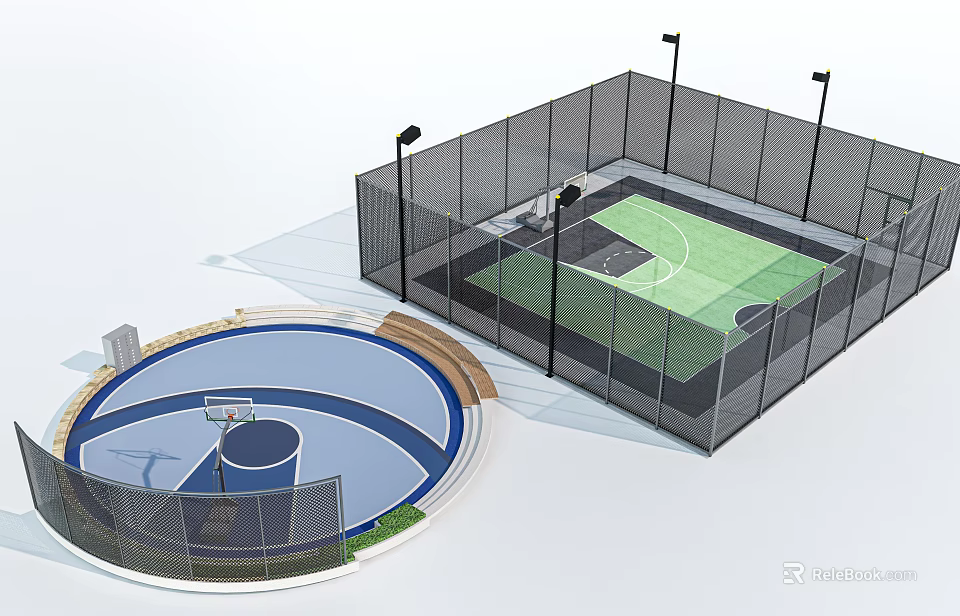 Outdoor Basketball Court Designs With Circular And Rectangular Fenced Areas Lighting Poles Blue Green Surfaces 3d model 
