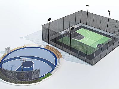 Outdoor Basketball Court Designs With Circular And Rectangular Fenced Areas Lighting Poles Blue Green Surfaces 3d model