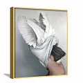 Figure Painting Featuring Hand Holding White Cloth Wrapped Object With White Wings And Golden Frame