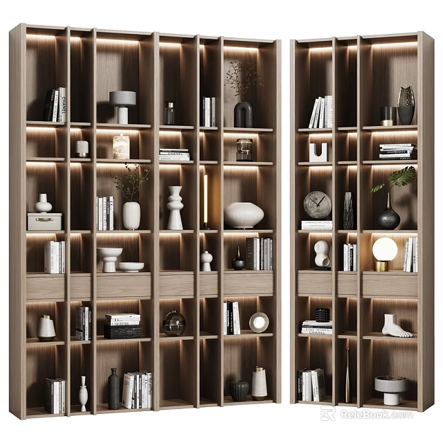 Modern Wooden Shelving Unit With Decorative Books Vases Sculptures And Lighting 3d model 