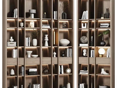 Modern Wooden Shelving Unit With Decorative Books Vases Sculptures And Lighting 3d model