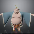 Cartoon Sumo Character In Blue Kimono With Red Obi And Yellow Head Ornament Arms Outstretched