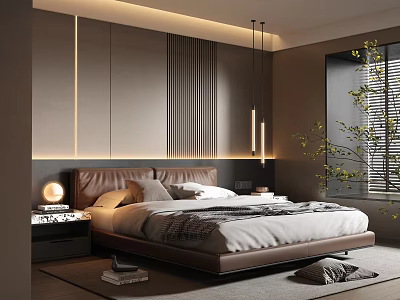 Modern Bedroom Interior With Headboard Wall Vertical Slats LED Lighting Nightstand Lamp And Plant 3d model