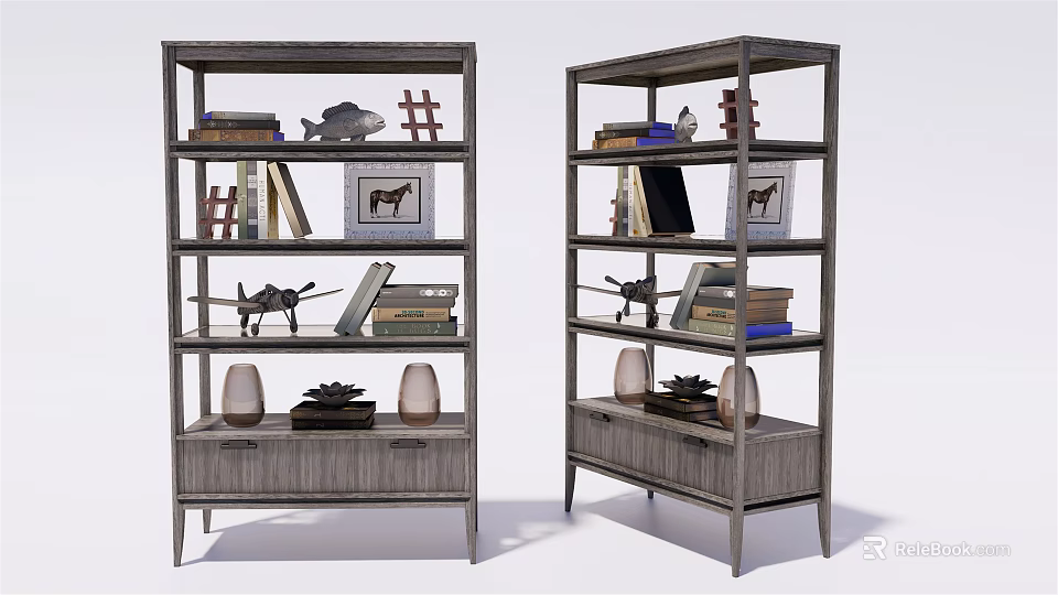 Double Modern Multi tiered Storage Shelves with Drawers Books and Decorative Items 3d model 