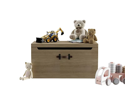 Adorable Stuffed Animals and Teddy Bears on Wooden Chest with Toy Car and Excavator 3d model