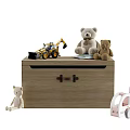 Adorable Stuffed Animals and Teddy Bears on Wooden Chest with Toy Car and Excavator