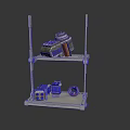 Metal Shelf With Two Layers Holding Various Equipment And Parts