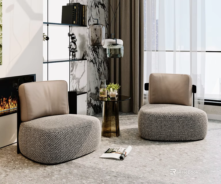 Beige Leisure Sofa Set With Round Textured Fabric Two Seats And Side Coffee Table 3d model