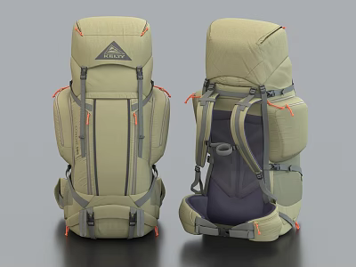 Khaki Beige Trail Backpack With Gray Straps Orange Accents For Outdoor Hiking Ergonomic Design 3d model
