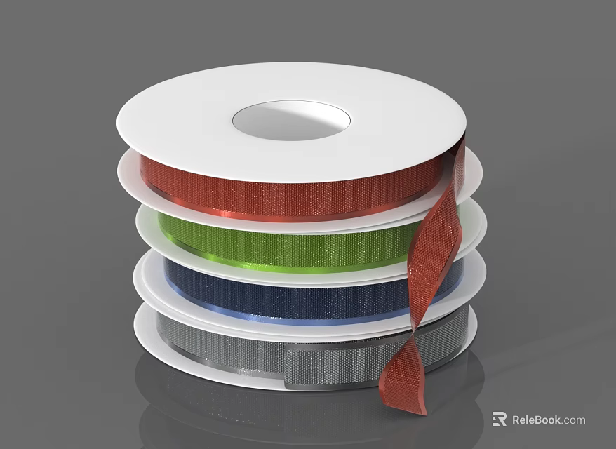 Colorful Ribbon Spools Stacked With Shiny Red Green Blue And Gray Rolls 3d model 