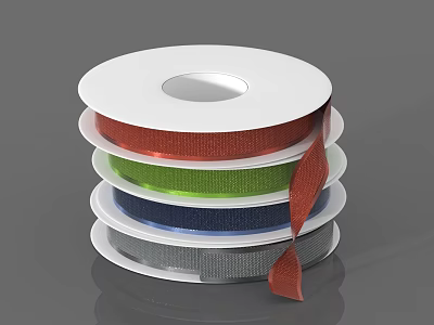 Colorful Ribbon Spools Stacked With Shiny Red Green Blue And Gray Rolls 3d model