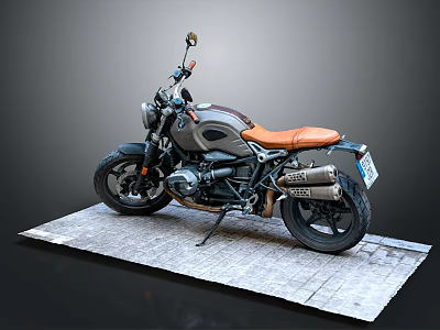 Vintage Style Motorcycle With Brown Black Body And Orange Leather Seat On Stone Slab Platform 3d model
