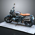 Vintage Style Motorcycle With Brown Black Body And Orange Leather Seat On Stone Slab Platform