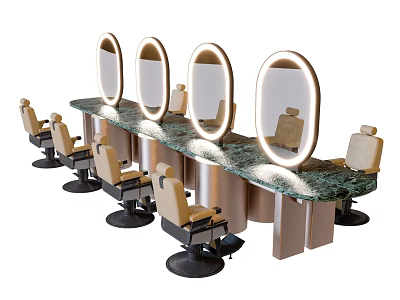 Barber Chairs And Tables With Mirrors Green Countertop Neatly Arranged Salon Setting 3d model