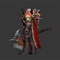 Game Fantasy Warrior Character Wearing Red Silver Armor Holding Flame Axe with Spiked Shoulders