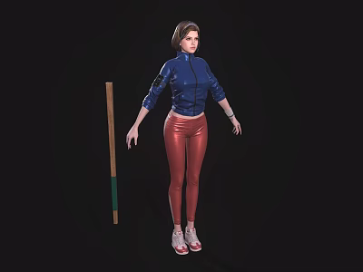 Woman in Blue Jacket Red Leggings and White Sneakers Holding Baseball Bat Against Black Background 3d model