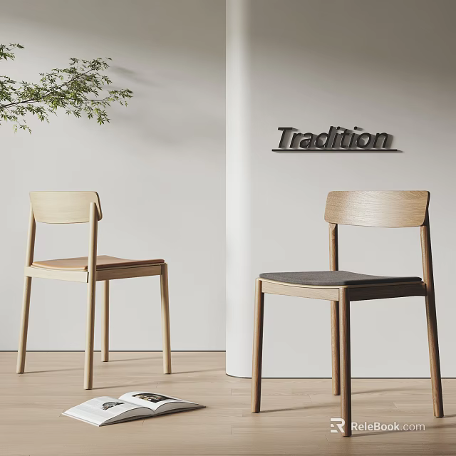 Wooden Chairs With Modern Design In Interior Featuring Tradition Sign And Greenery 3d model 