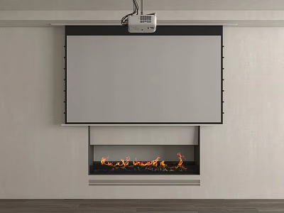 Contemporary Living Room Projection Monitoring Setup With Large Screen And Fireplace Flames 3d model