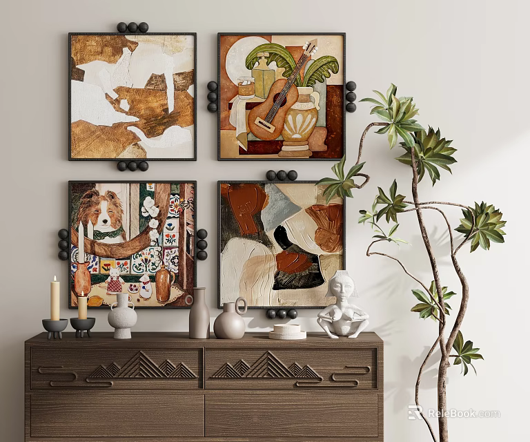 Abstract Paintings Wall Hanging in Interior with Wooden Cabinet Decorative Vases Sculptures and Green Plant 3d model 